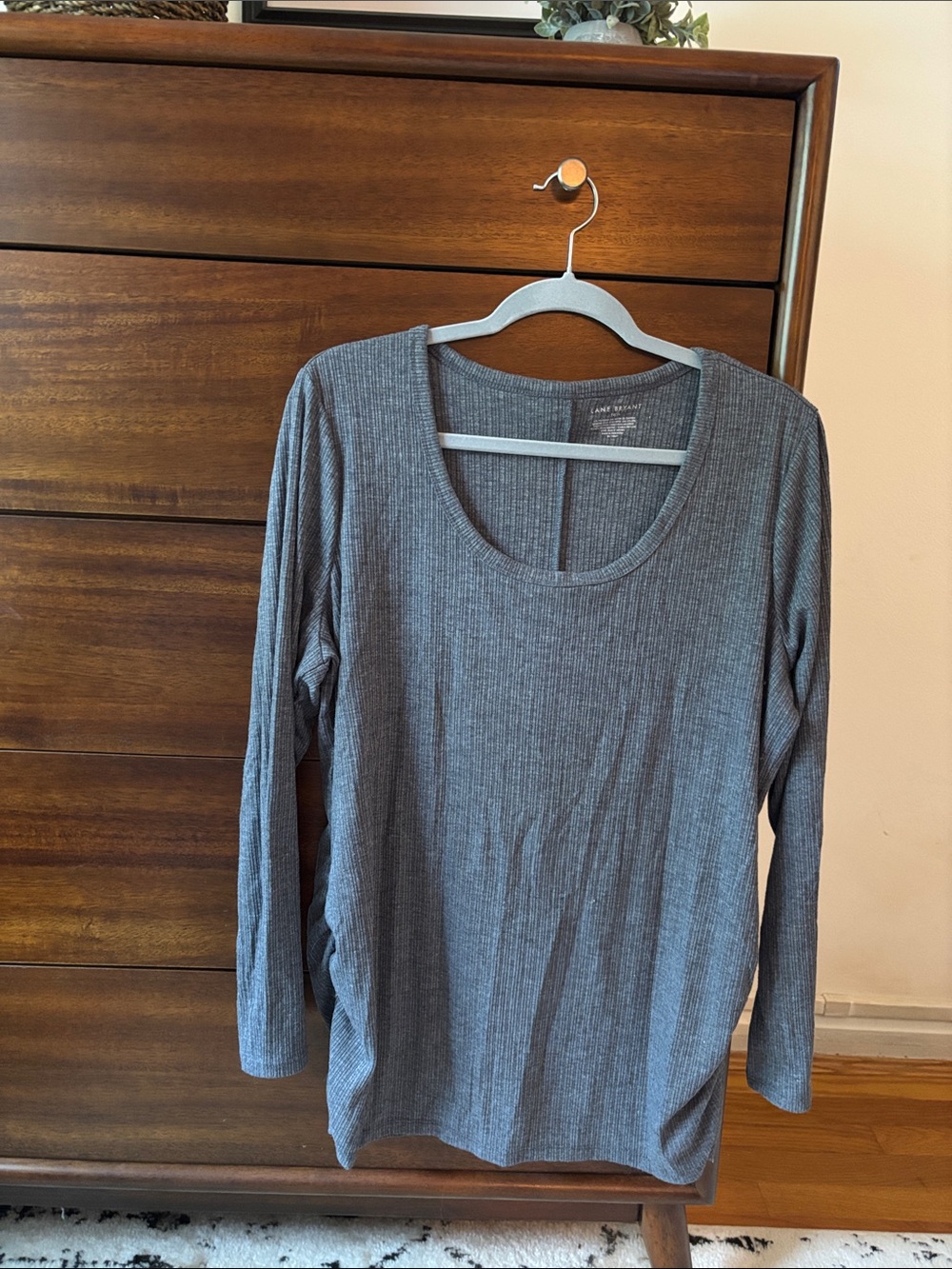Lane Bryant Gray Ribbed Scoop Neck Long Sleeve Top